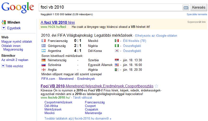 Foci vb 2010 a Google találati listában