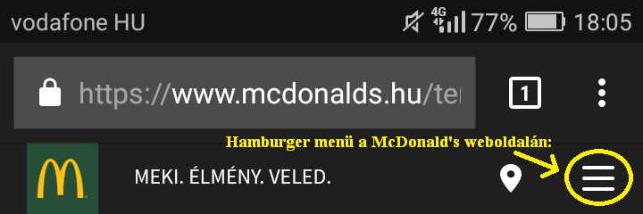 Hamburger menü a McDonald's weboldalán.